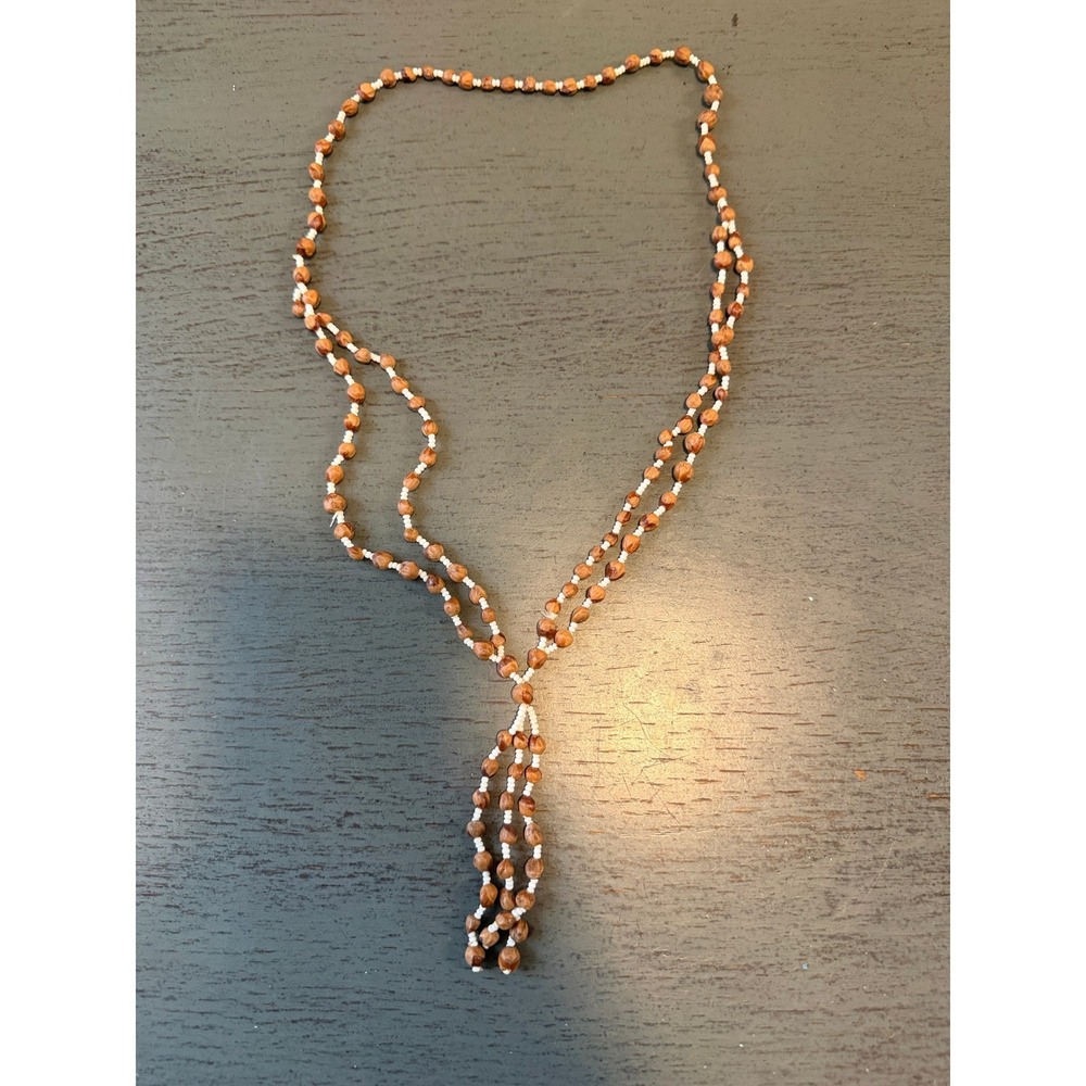 Vintage Handmade Natural Wood Nut White Seed Bead Multi Strand Lariat Necklace